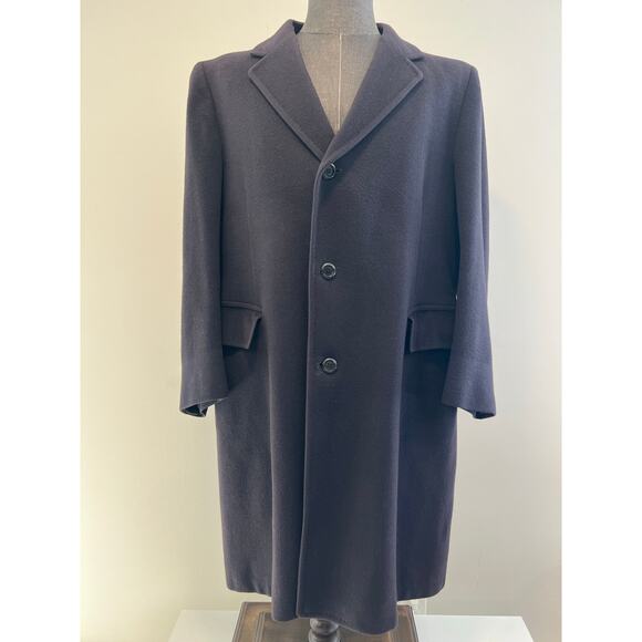 Vintage Le Chevron 100% Cashmere Navy Blue Long Overcoat Size 40 SG - Picture 1 of 11